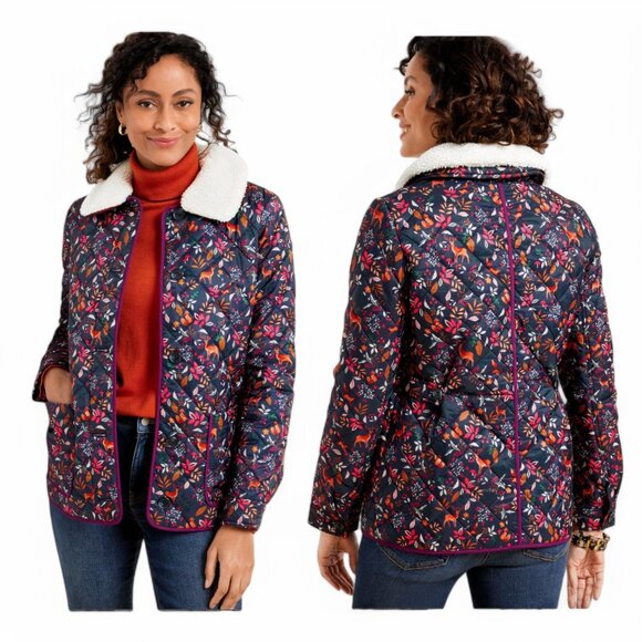 NWT! Talbots Quilted Bomber Jacket in ‘Woodland Ditsy’ with Removable Collar - Picture 1 of 10
